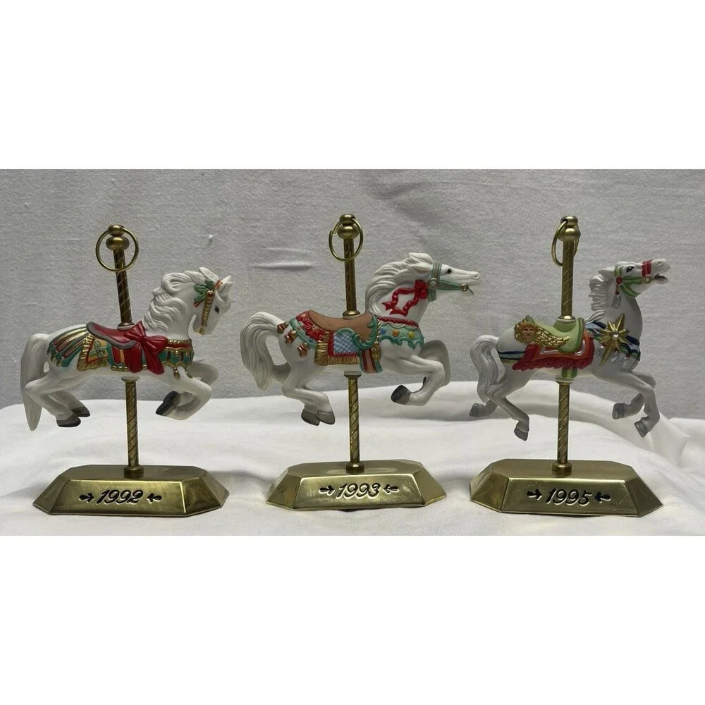 Lot 3 Hallmark Mini Carousel Christmas Horses Ornaments 1992 1993 1995 Christmas